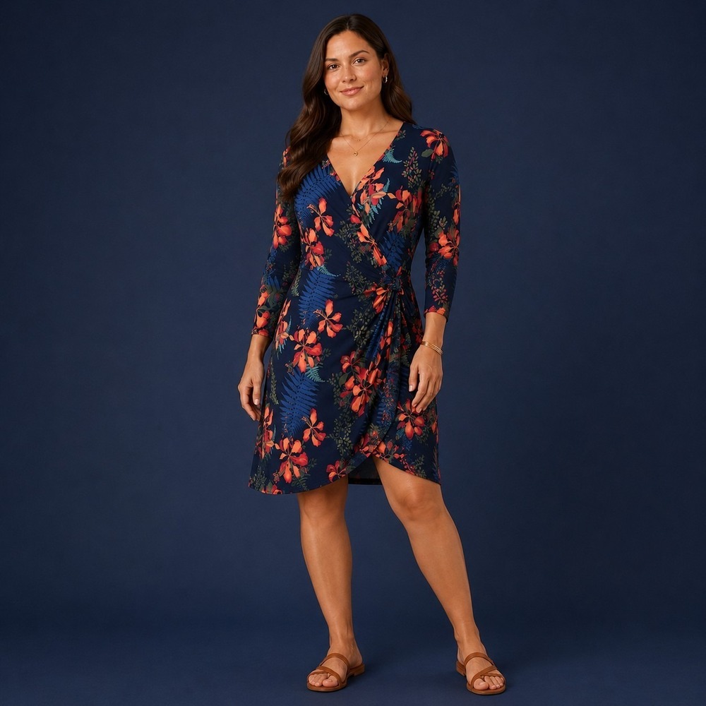 Tommy Bahama Wrap V Neck Floral Tropical Hawaiian Midi Dress M Medium Navy READ